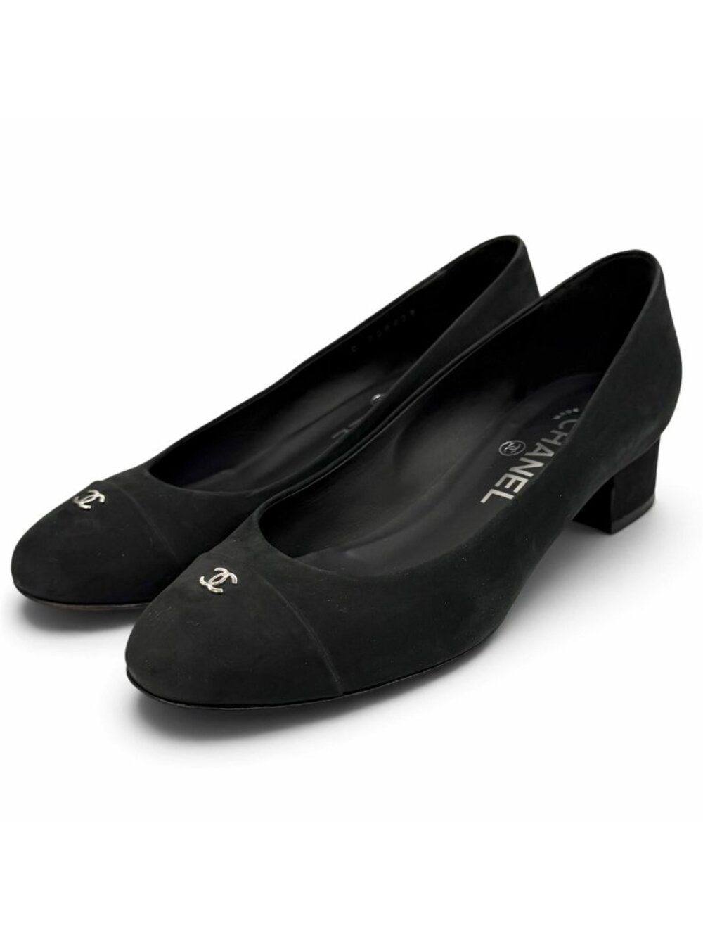 Chanel CC Logo Chunky Heel Nubuck Leather Pumps Black Silver